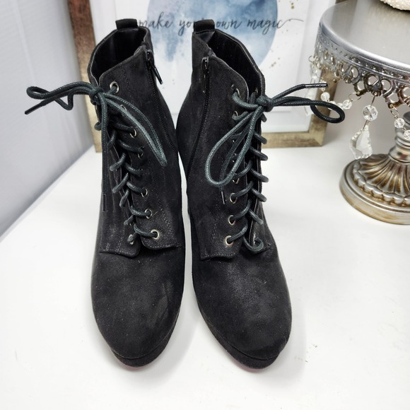 Ollio Black Lace Up Ankle Booties Block Heel Platform Punk Goth 8.5 - Picture 1 of 8
